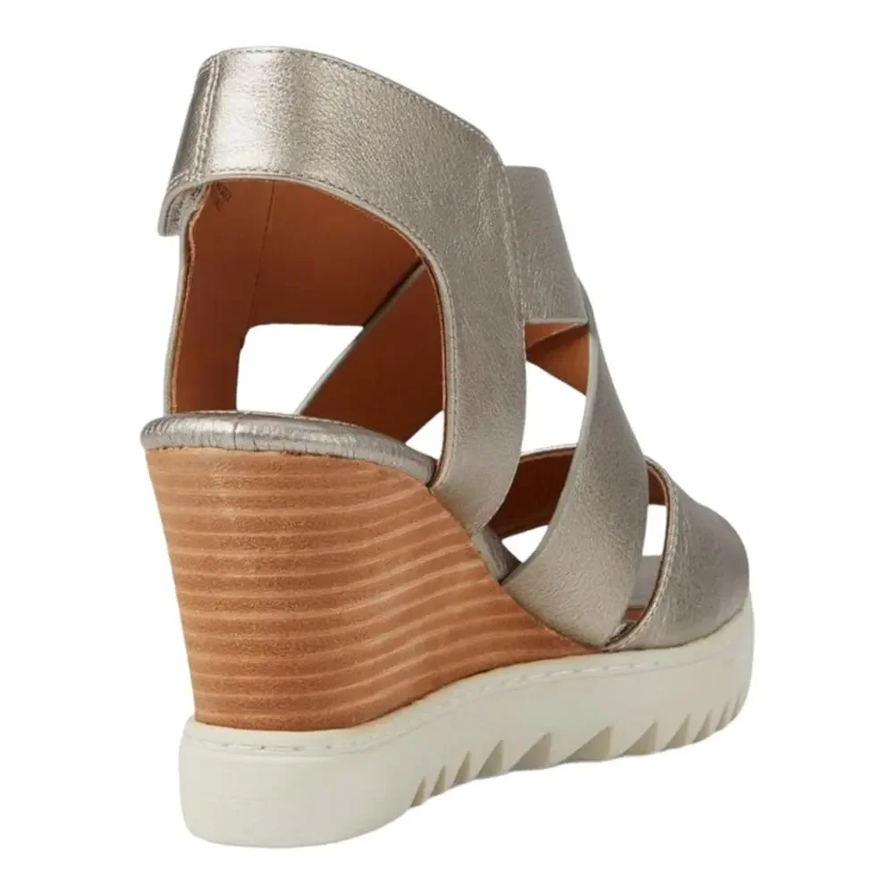 Sofft Womens Size 10 Uxley Grey Gold Metallic Leather‎ Wedge Sandals Shoes New